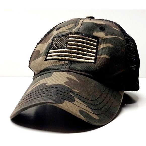 USA Flag Patch Camo Baseball Cap Hat Mens Green Brown Adjustable Soft Mesh Vent - Picture 1 of 16